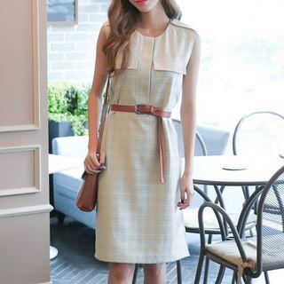 Windowpane Side-slit Sleeveless Shift Dress