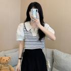 V-neck Striped Cropped Blouse White - One Size