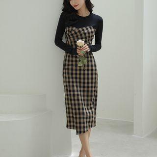 Long-sleeve Gingham Panel Midi Sheath Dress