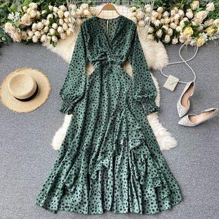 V-neck Knotted Asymmetrical Ruffle Dress