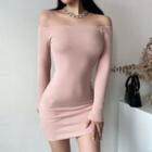 Off-shoulder  Long-sleeve Plain Shaping Dress