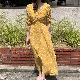 Floral Print Drawstring Midi A-line Dress