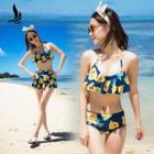 Set : Floral Print Ruffle Bikini + Swim Skirt Cover-up
