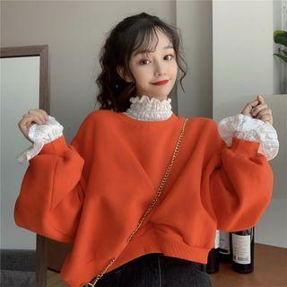 Plain Puff-sleeve Sweatshirt / Turtleneck Lace Blouse