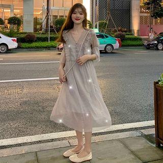 Lace Trim Slipdress / Ruffle Elbow-sleeve Chiffon A-line Dress