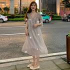 Lace Trim Slipdress / Ruffle Elbow-sleeve Chiffon A-line Dress