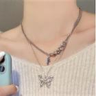 Butterfly Pendant Layered Necklace Silver - One Size