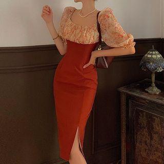 Short-sleeve Floral Print Paneled Midi Sheath Dress