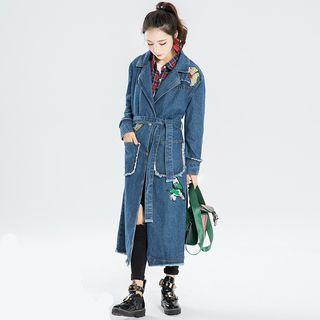 Embroidery Fray Hem Denim Long Coat