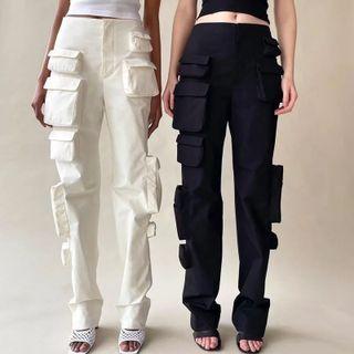 High Waist Pocketed Straight-leg Plain Pants