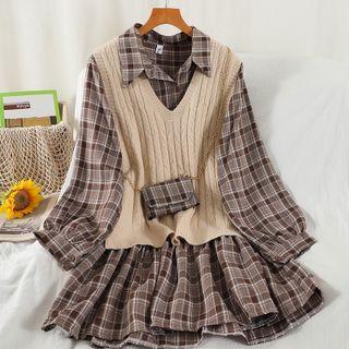 Set: Plaid Shirtdress + Sweater Vest