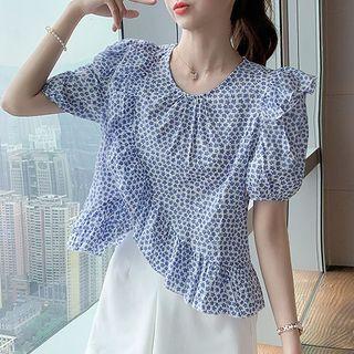 Short-sleeve Floral Print Ruffle Blouse