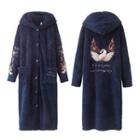 Swan Embroidered Fleece Hooded Buttoned Robe
