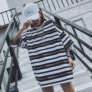 3/4-sleeve Lettering Striped T-shirt