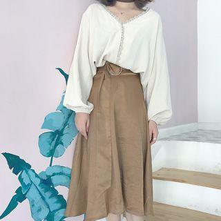 Eyelet Lace Trim Blouse / Midi A-line Skirt