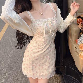 Spaghetti-strap Floral Mini Sheath Dress / Jacket