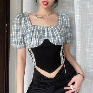 Puff-sleeve Plaid Panel Crop Top