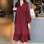 Puff-sleeve Ruffle Hem Midi A-line Dress