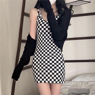 Spaghetti Strap Checkerboard Mini Bodycon Dress / Cardigan