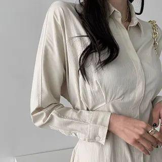 Tie-back Hidden-button Long Shirtdress