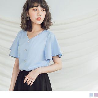 V-neck Beaded Buttoned Short Sleeve Top
