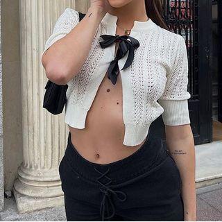 Short Sleeve Tie-front Knitted Crop Cardigan