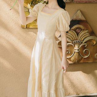 Square-neck Puff-sleeve Maxi A-line Dress