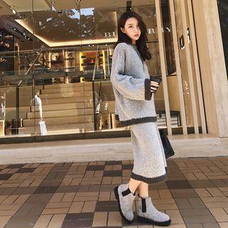Set: Long-sleeve Contrast Trim Sweater + Midi Knit Skirt
