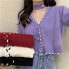 Set: Contrast Stitch V-neck Cardigan + Knit Choker