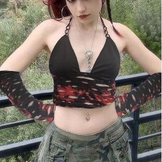 Chain-strap Tie-dyed Crop Camisole Top + Arm Sleeves