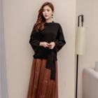 Set: Long-sleeve Mock Neck Knit Top + Embellished Midi Pleated Mesh Skirt