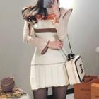 Color Block Long-sleeve Knit Dress Khaki - One Size