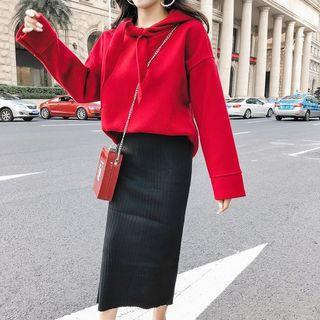 Set: Tie-neck Hoodie + Midi Knit Skirt Red Top & Bottom - Black - One Size