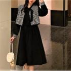 Set: Puff-sleeve Tie-neck Midi A-line Dress + Patterned Vest