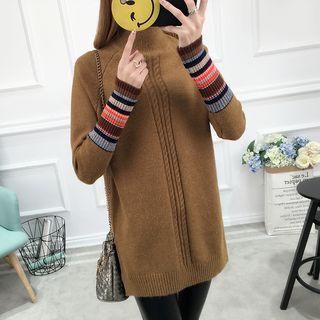Stripe-detail Cable-knit Slit-side Long Sweater