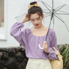 Shirred Long-sleeve Blouse Purple - One Size