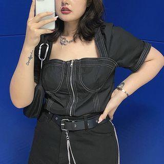 Contrast Stitching Zip-up Short-sleeve Blouse