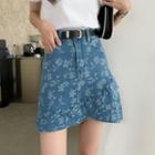 High-waist Asymmetric Ruffle Trim Floral Denim Skirt