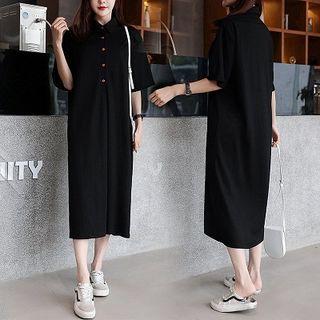 Plain V-neck Loose-fit Single-breasted Short-sleeve Dress
