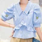 Puff-sleeve Embroidered Buttoned Blouse