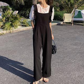 Set: Short Sleeve Plain Top + Square Neck Ruffled Loose-fit Jumpsuit