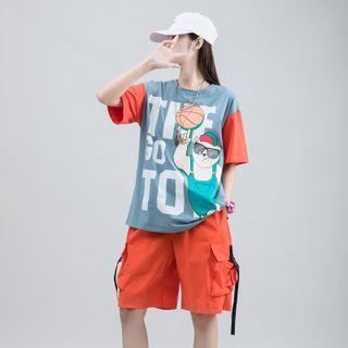 Set: Short-sleeve Cartoon Print T-shirt + Cargo Shorts