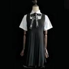 Set: Bow Neck Short-sleeve Shirt + Pleated Jumper Dress Set Of 3 - Shirt & Jumper Dress & Bow - One Size