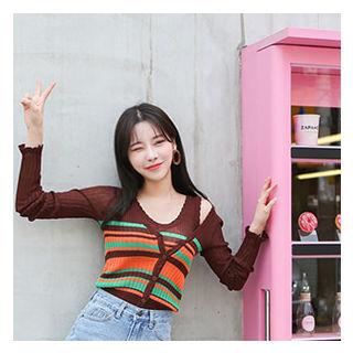 Set: Scallop-trim Striped Cardigan + Sleeveless Top