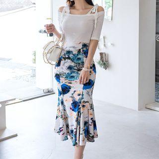 Set: Elbow-sleeve Knit Top + Printed Midi Mermaid Skirt