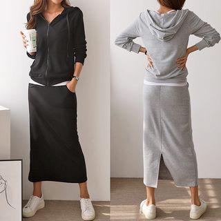 Set: Plain Hoodie + Band-waist Slit-back Skirt