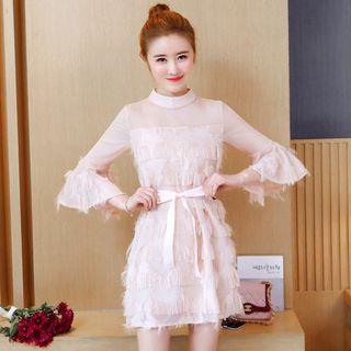 3/4-sleeve Feather Mini Dress