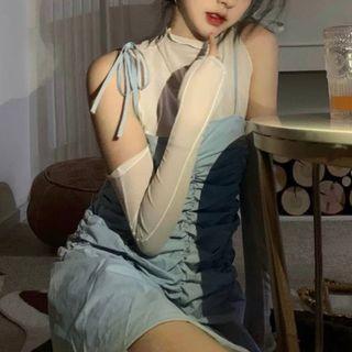 Long-sleeve Mesh Top / Spaghetti-strap Mini A-line Dress