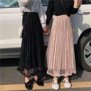 Mesh-overlay Midi A-line Velvet Skirt