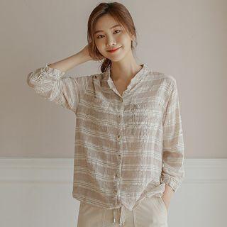 Tab-sleeve Tie-hem Plaid Shirt